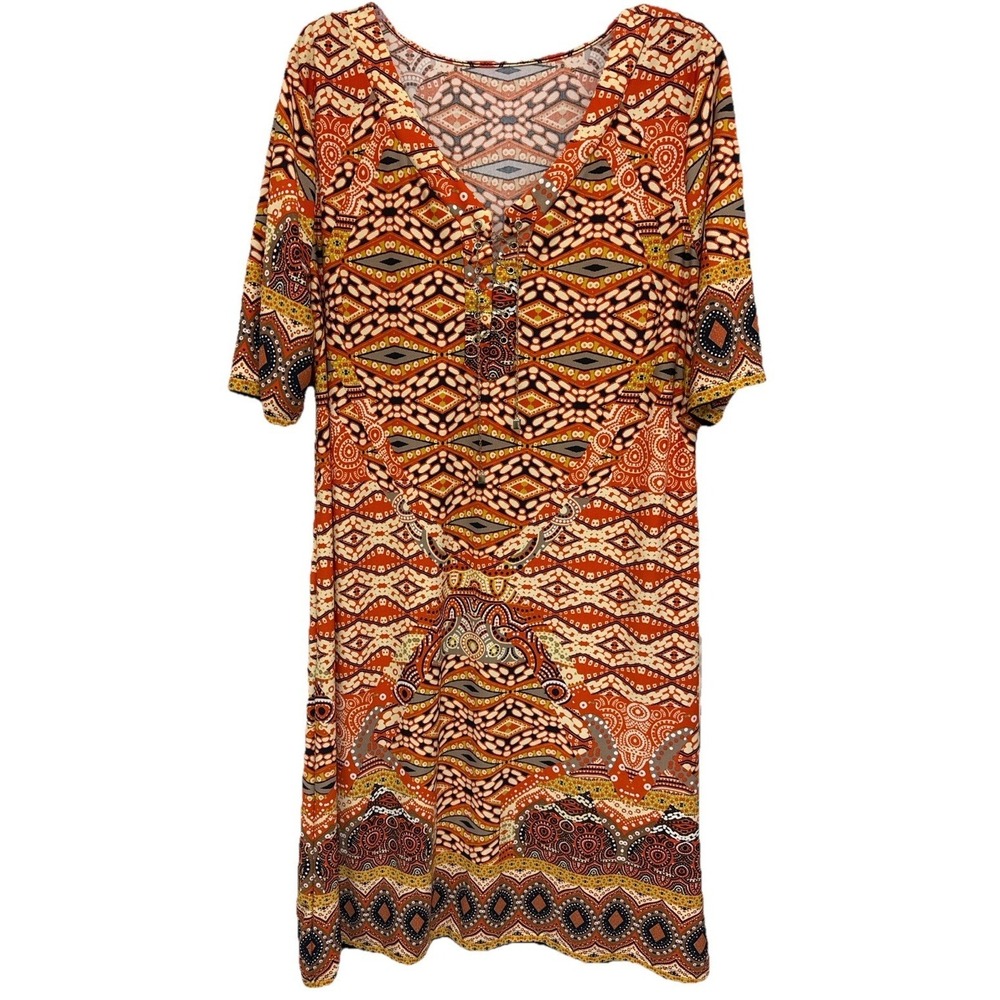 Boho‎ Tribal Print Lace Up V-Neck Shift Dress Orange Geometric Festival Midi